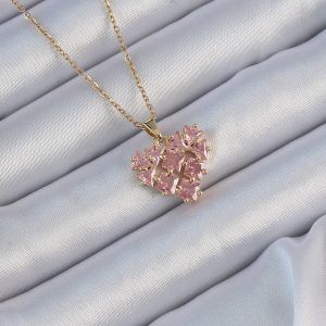 316L Çelik Zincir Altın Renk Pembe Parçalı Zirkon Taşlı Kalp Kolye