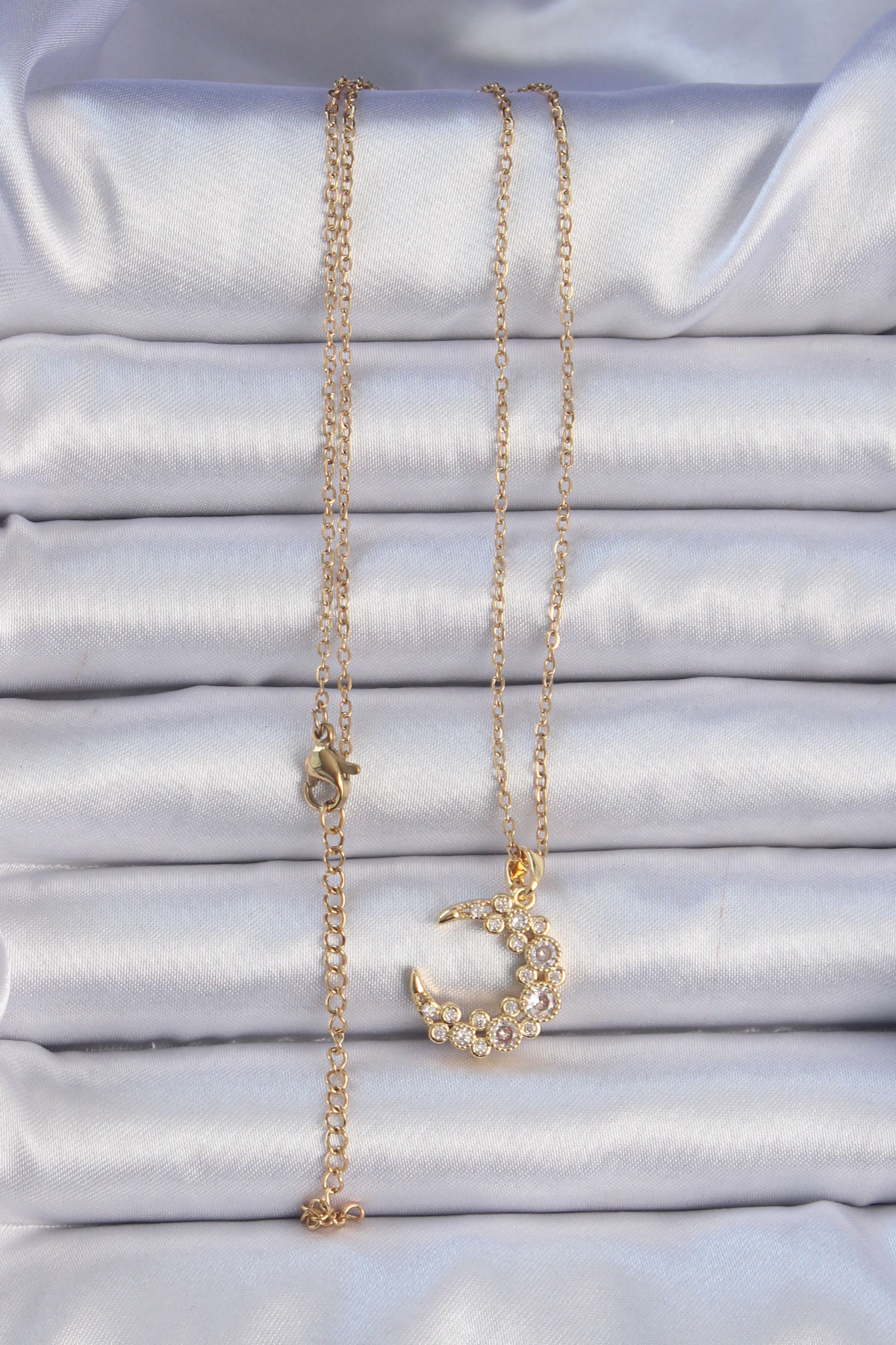 316L Çelik Zincir Altın Renk Zirkon Taşlı Ay Kolye