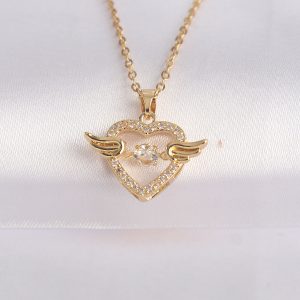 316L Çelik Zincir Altın Renk Zirkon Taşlı Kanatlı Kalp Kolye