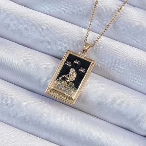 316L Çelik Zincir Altın Renk Zirkon Taşlı Siyah Mineli Kız Figürlü Tarot Kolye