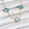 316L Çelik Zincir Gold Buz Mavisi Renk Yonca Kolye