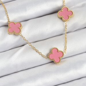 316L Çelik Zincir Gold Pembe Renk Yonca Kadın Kolye