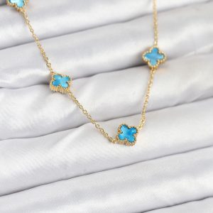 316L Çelik Zincir Gold Renk Buz Mavisi Baby Boy Yonca Kadın Kolye