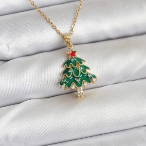 316L Çelik Zincir Gold Renk Çam Ağacı Model Yılbaşı Temalı Kadın Kolye