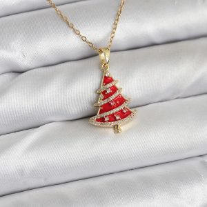 316L Çelik Zincir Gold Renk Kırmızı Çam Ağacı Model Yılbaşı Temalı Kadın Kolye