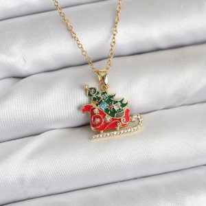 316L Çelik Zincir Gold Renk Kızak ve Çam Ağacı Figürlü Yılbaşı Temalı Kadın Kolye
