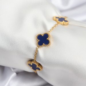316L Çelik Zincir Gold Renk Lacivert Yonca Kadın Bileklik