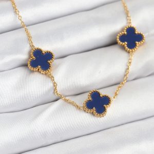 316L Çelik Zincir Gold Renk Lacivert Yonca Kadın Kolye