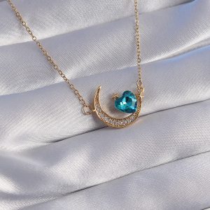 316L Çelik Zincir Gold Renk Mavi Zirkon Taşlı Ay Tasarımlı Kolye