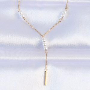 316L Çelik Zincir Gold Renk Minimal İnci Taşlı Sallantılı Kolye