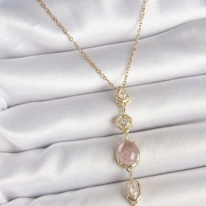 316L Çelik Zincir Gold Renk Pembe Zirkon Taşlı Y Kolye