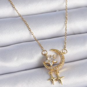 316L Çelik Zincir Gold Renk Zirkon Taşlı Hilal Model Yıldız Detay Kadın Kolye