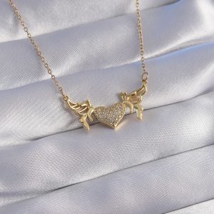 316L Çelik Zincir Gold Renk Zirkon Taşlı Kalp Model Kelebek Detay Kolye