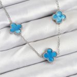 316L Çelik Zincir Gümüş Buz Mavisi Renk Yonca Kadın Kolye