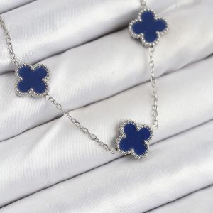 316L Çelik Zincir Gümüş Lacivert Renk Yonca Kadın Kolye