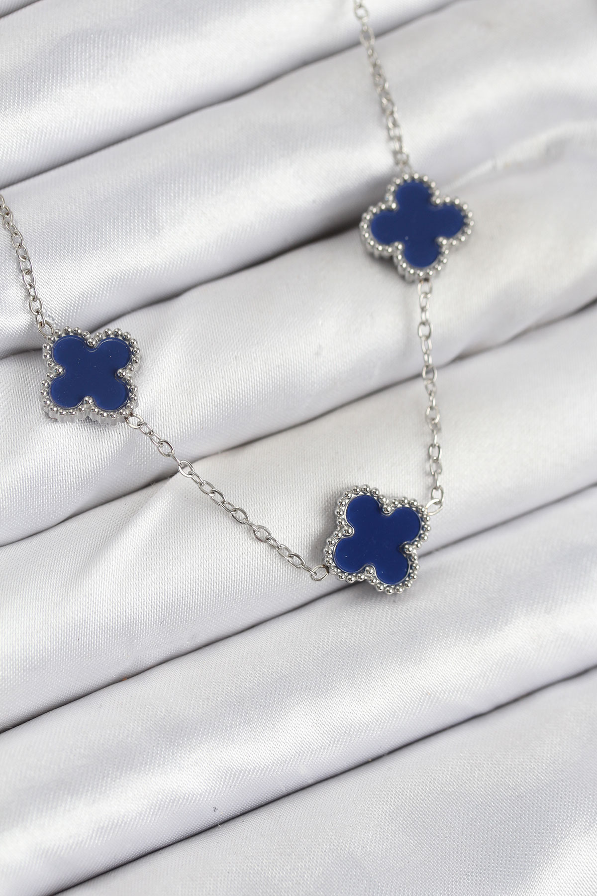 316L Çelik Zincir Gümüş Lacivert Renk Yonca Kadın Kolye