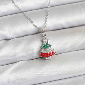 316L Çelik Zincir Gümüş Ren Çam Ağacı Model Zirkon Taşlı Yılbaşı Temalı Kadın Kolye