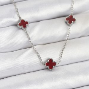 316L Çelik Zincir Gümüş Renk Bordo Baby Boy Yonca Kadın Kolye