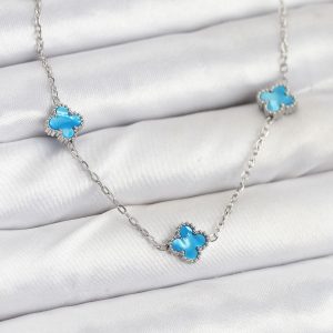 316L Çelik Zincir Gümüş Renk Buz Mavisi Baby Boy Yonca Kadın Kolye
