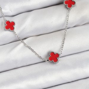 316L Çelik Zincir Gümüş Renk Kırmızı Baby Boy Yonca Kadın Kolye
