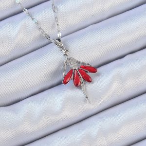 316L Çelik Zincir Gümüş Renk Kırmızı Etekli Zirkon Taşlı Balerin Kolye