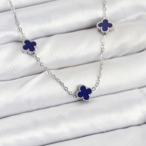 316L Çelik Zincir Gümüş Renk Lacivert Baby Boy Yonca Kadın Kolye