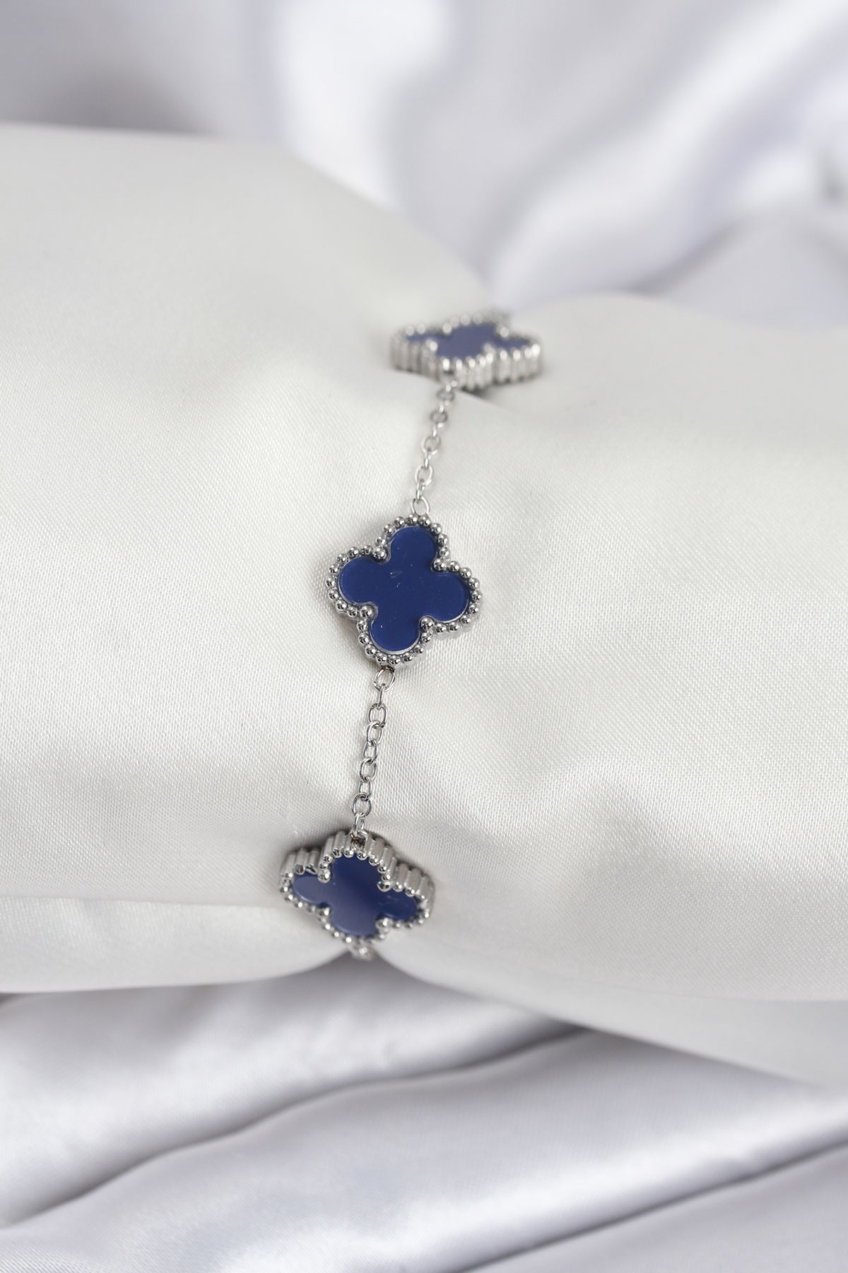 316L Çelik Zincir Gümüş Renk Lacivert Yonca Kadın Bileklik