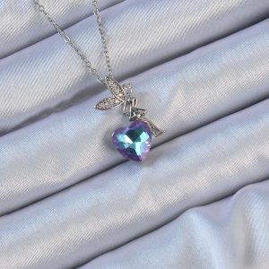 316L Çelik Zincir Gümüş Renk Mor Mavi Renk Zirkon Taşlı Kalp Detay Peri Kolye