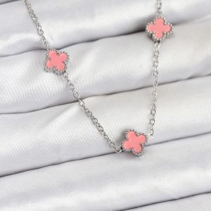 316L Çelik Zincir Gümüş Renk Pembe Baby Boy Yonca Kadın Kolye