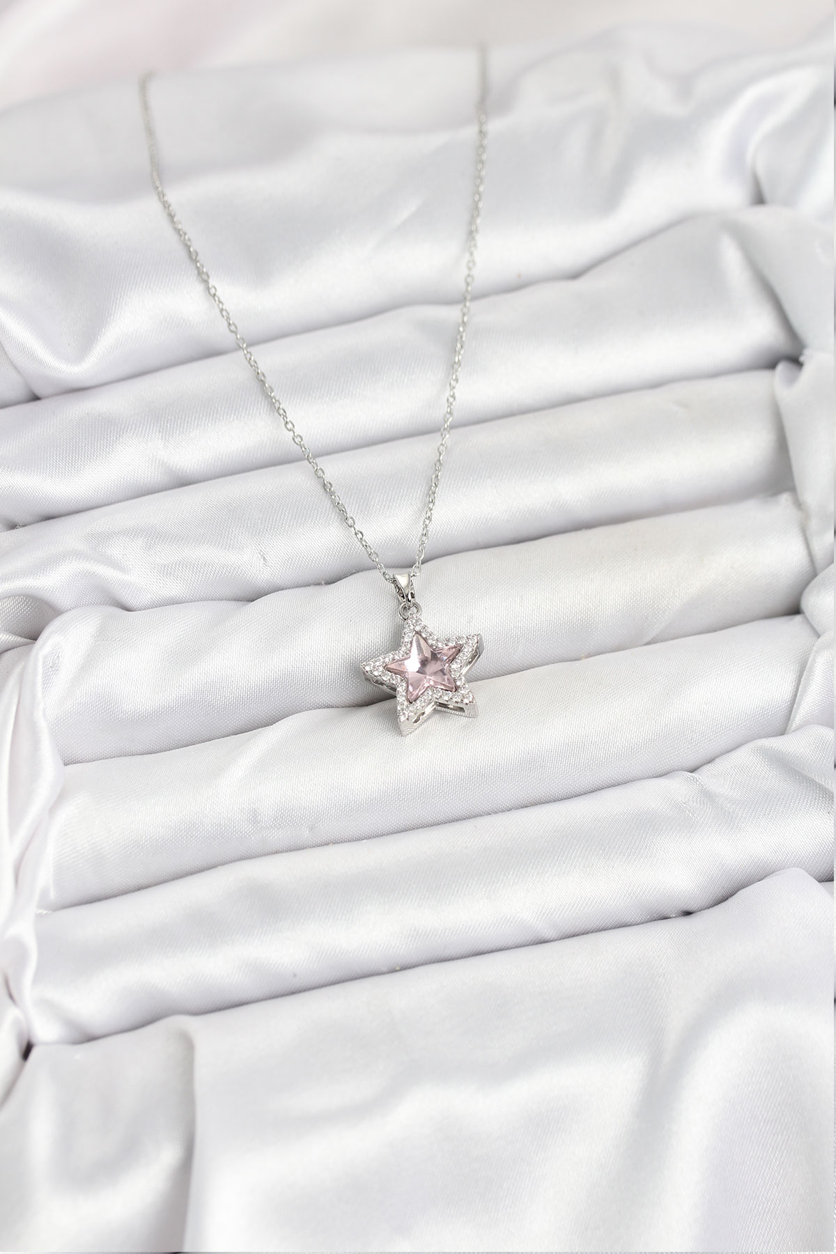 316L Çelik Zincir Gümüş Renk Pembe Taşlı Yıldız Model Kadın Kolye