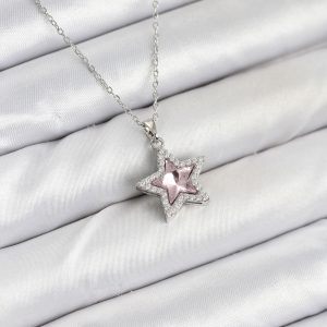 316L Çelik Zincir Gümüş Renk Pembe Taşlı Yıldız Model Kadın Kolye