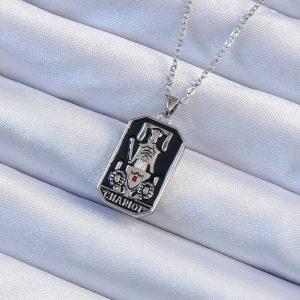 316L Çelik Zincir Gümüş Renk Siyah Mineli Tarot Kolye