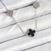 316L Çelik Zincir Gümüş Renk Siyah ve Zirkon Taşlı Yonca Kadın Kolye