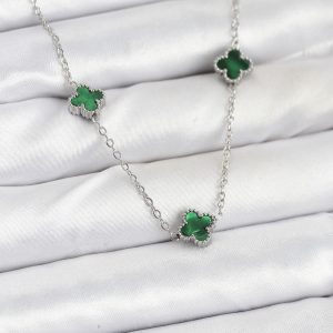 316L Çelik Zincir Gümüş Renk Yeşil Baby Boy Yonca Kadın Kolye