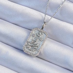 316L Çelik Zincir Gümüş Renk Zirkon Taşlı Çerçeveli Tarot Kolye