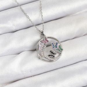 316L Çelik Zincir Gümüş Renk Zirkon Taşlı Kelebekli Kadın Kolye