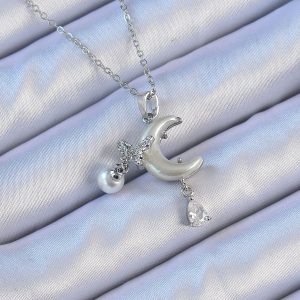 316L Çelik Zincir Gümüş Renk Zirkon Taşlı Kelebekli Mineli Ay Kolye