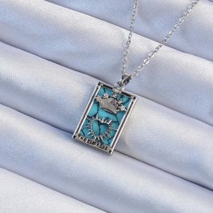 316L Çelik Zincir Gümüş Renk Zirkon Taşlı Mavi Mermer Desenli Taç Model Tarot Kolye