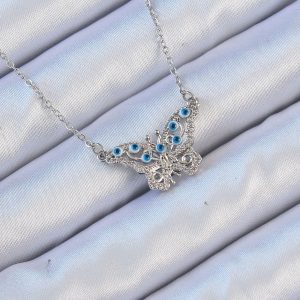 316L Çelik Zincir Gümüş Renk Zirkon Taşlı Nazarlı Kelebek Kolye