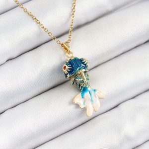 316L Çelik Zincir Mavi Balık Model Gold Renk Kadın Kolye