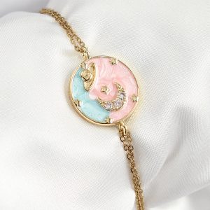 316L Çelik Zincir Mineli Sanatsal Portre Zirkon Taşlı Gezegen Model Gold Renk Kadın Bileklik