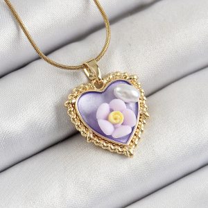 316L Çelik Zincir Mor Sanatsal Portre İnci Detaylı Papatya Figürlü Kalp Model Gold Renk Kadın Kolye