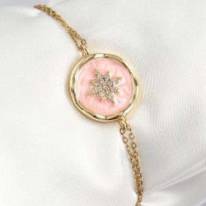 316L Çelik Zincir Pembe Mineli Sanatsal Portre Kuzey Yıldızı Model Gold Renk Kadın Bileklik