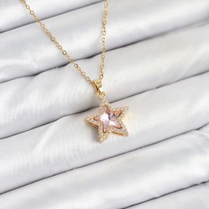 316L Çelik Zincir Pembe Taşlı Yıldız Model Kadın Kolye