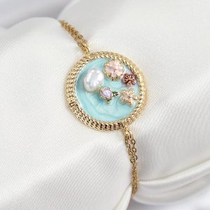 316L Çelik Zincir Turkuaz Mineli Sanatsal Portre İnci Detaylı Çiçek Model Gold Renk Kadın Bileklik