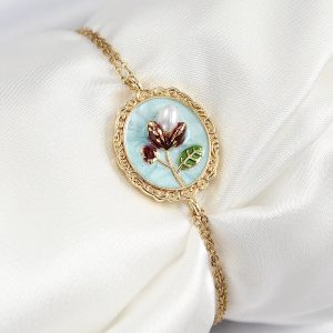 316L Çelik Zincir Turkuaz Mineli Sanatsal Portre İnci Detaylı Lale Model Gold Renk Kadın Bileklik