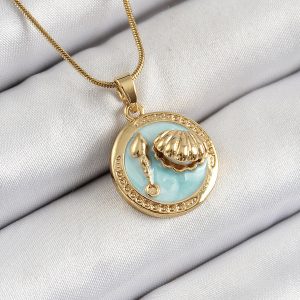 316L Çelik Zincir Turkuaz Mineli Sanatsal Portre İstiridye Model Gold Renk Kadın Kolye