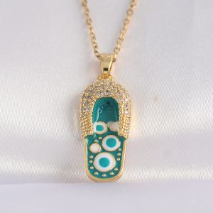 316L Çelik Zincir Zirkon Taşlı Altın Renk Nazarlı Terlik Tasarımlı Kolye