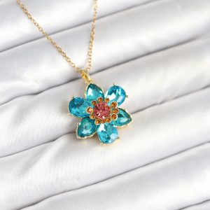 316L Çelik Zincirli Mavi Çiçek Model Kadın Kolye