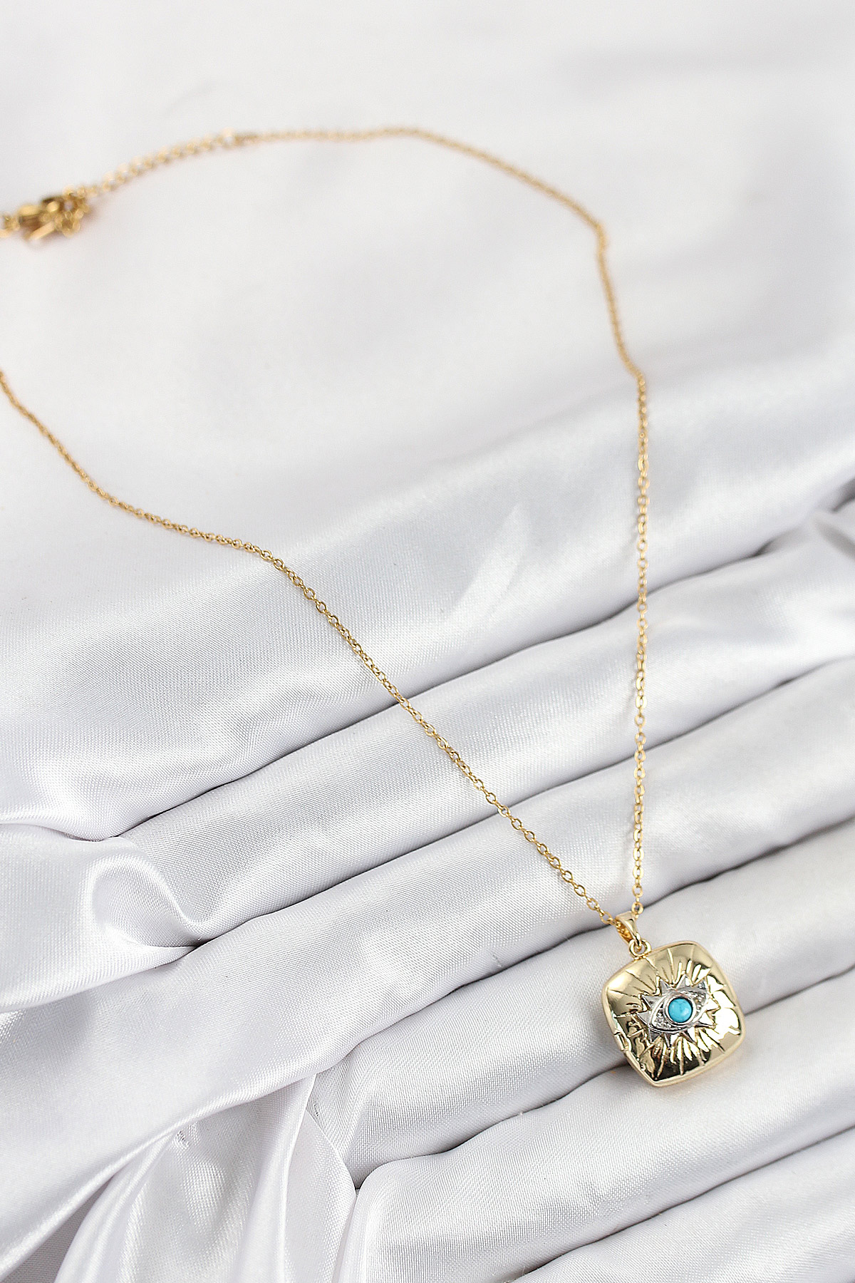 316L Çelik Zirkon Taşlı Açılabilr Kapaklı Göz Model Gold Renk Kadın Kolye